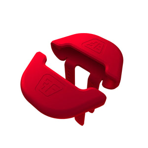 Image illustrates a pair of fins for the Falcons II product made by Flight Fins in the red color, set in front of a white background.