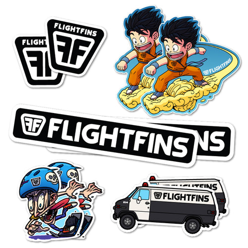 Image illustrates stickers for onewheel or any pev or object in full color showing hues of blue, yellow, orange, red and featuring the flight fins van, flight flns logo, and people going full send on their onewheel and pev.