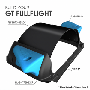 Image illustrates the full flight system for the onewheel gt from flight fins in black with blue fins, set in front of a white background, with text in black reading building your gt fullflight, flightfins, trim, flightfender, flightshield, and note that follows the asterisk symbol reading flightshield and trim optional.