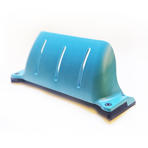 Image illustrates an installed fungineers stompies adapter for the onewheel xr and sold by flight fins. product is colored black and installed on a blue flight fin, set in front of a white background.